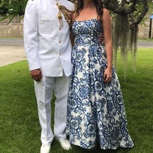 Blue and white formal dress with pockets